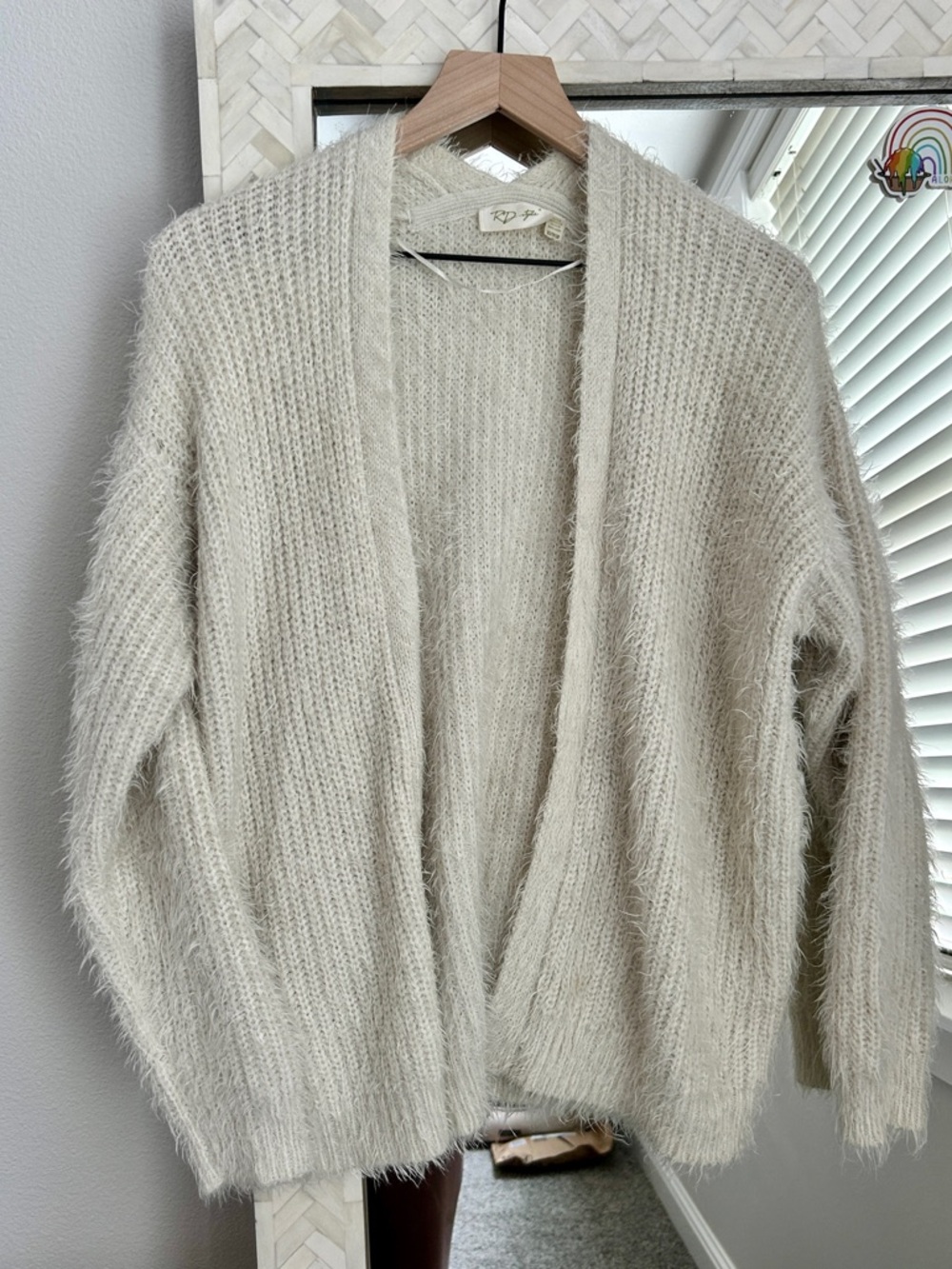 RD Style Cream Fuzzy Open-Front Cardigan
